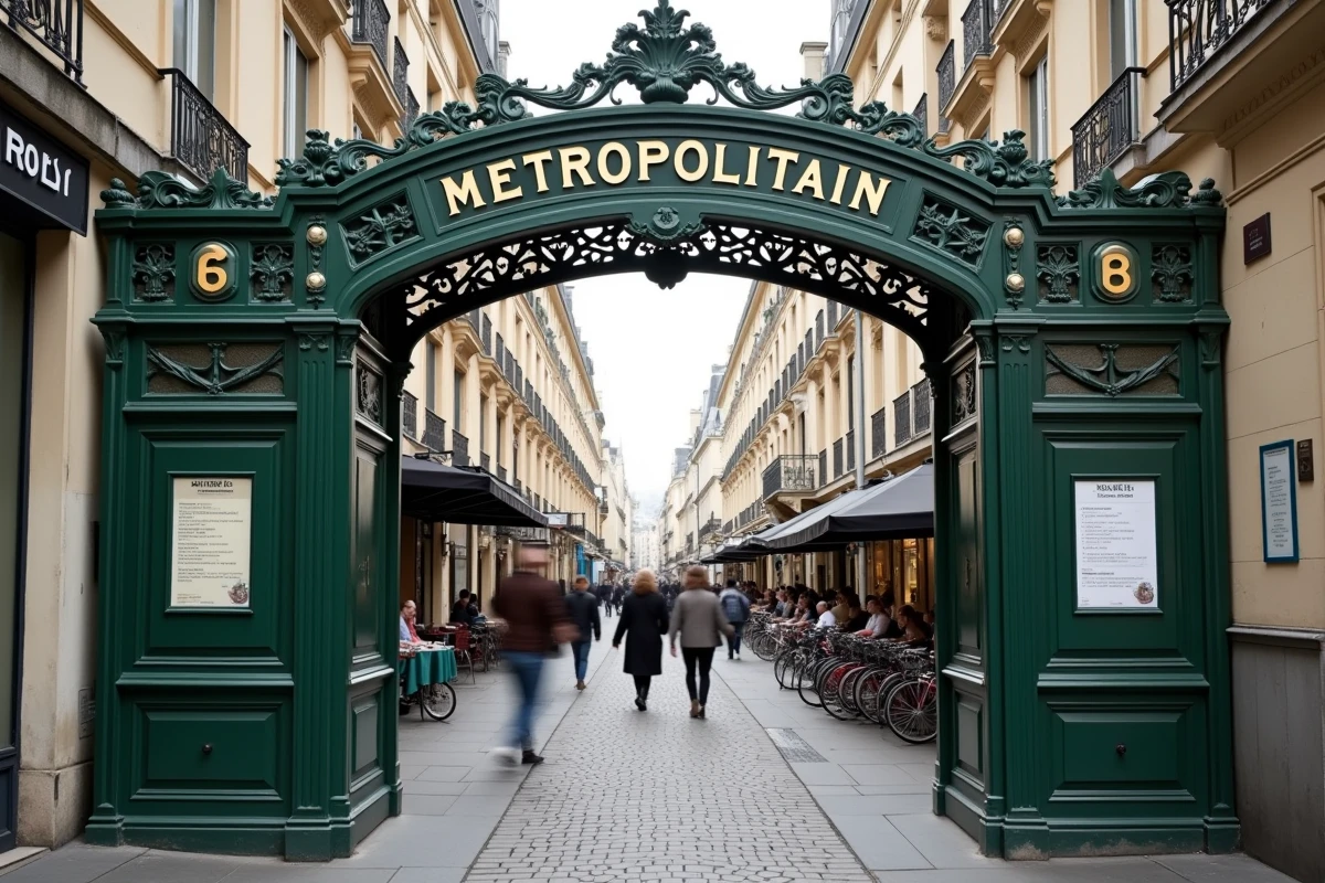 Entrée d'une station de métro de la ligne 6 à Paris avec son arche Art Nouveau verte emblématique
