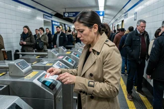 Femme frustrée tentant de valider un ticket Navigo à un tourniquet de métro parisien bondé à l'heure de pointe