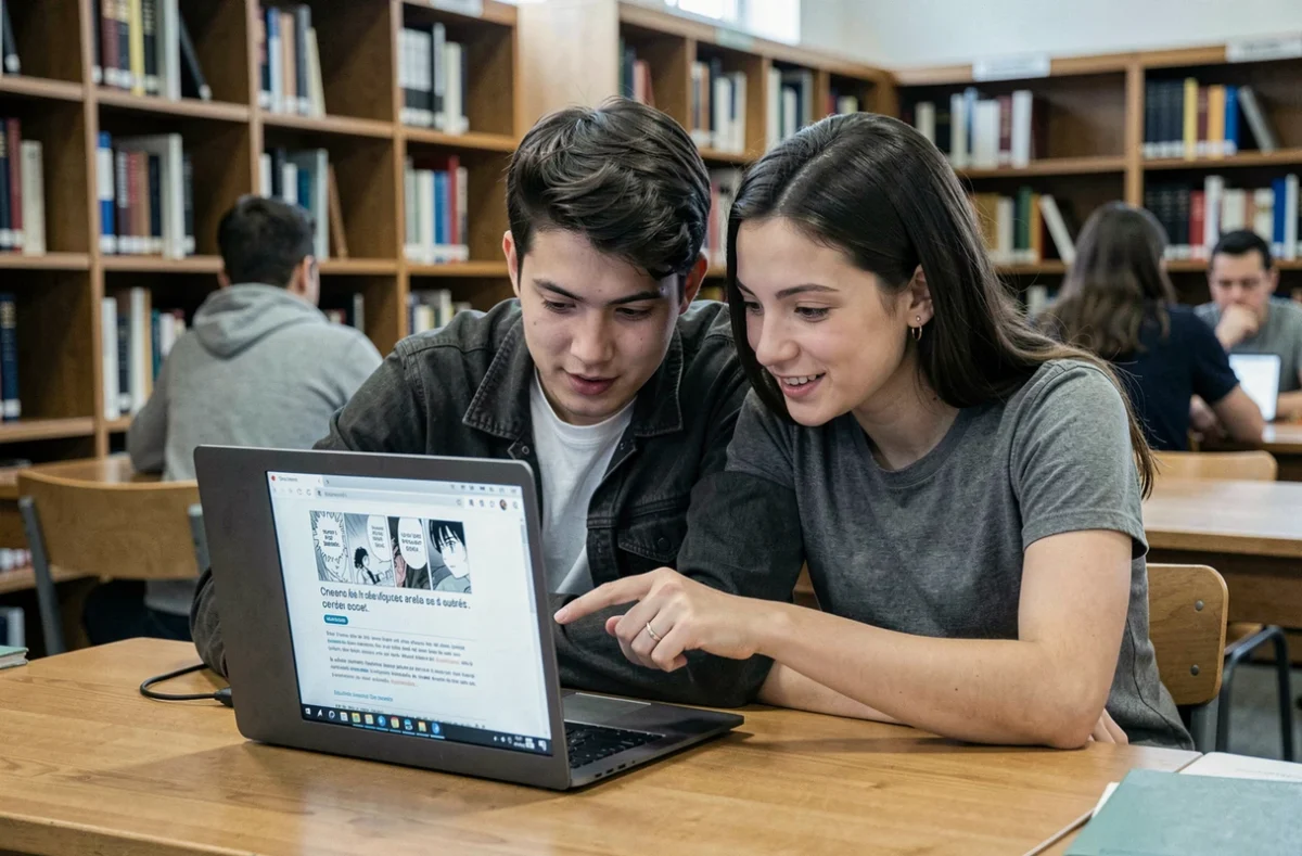 Deux étudiants découvrant ensemble un site de scans de mangas en français dans une bibliothèque universitaire