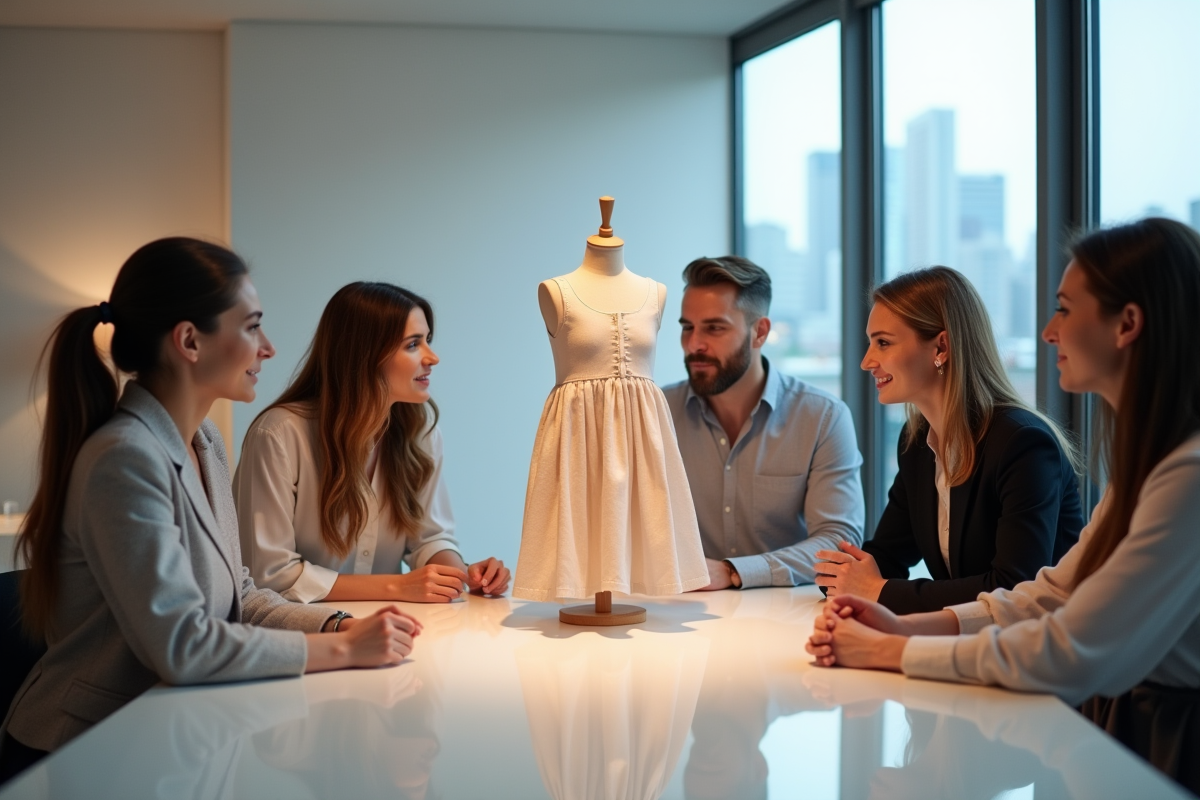 Adultes évaluant un vêtement avantgarde en showroom