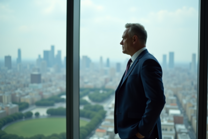 Homme d'affaires confiant regardant la ville depuis une grande fenêtre