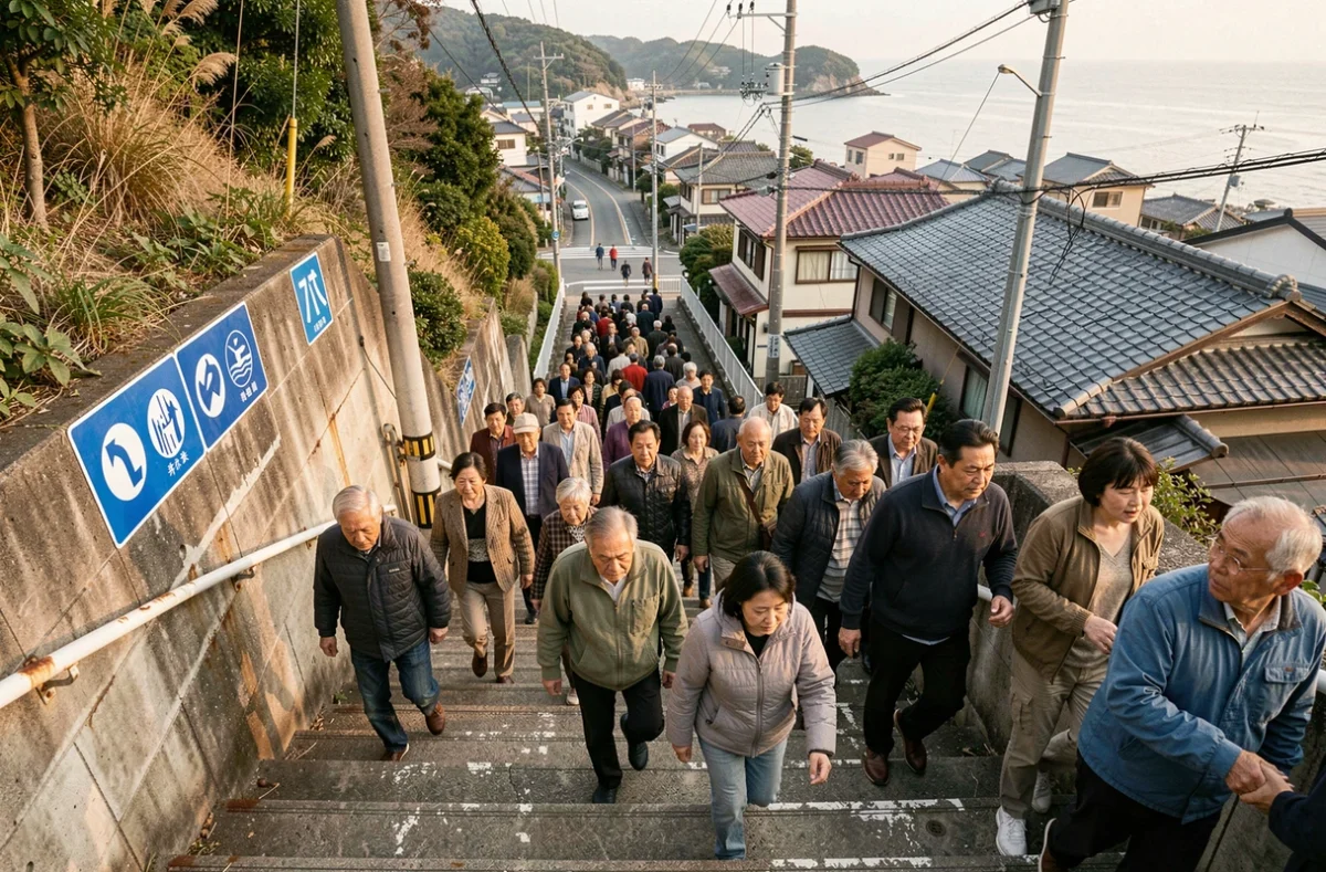 Exercice d'évacuation tsunami dans une ville côtière avec des habitants empruntant un escalier de sécurité balisé