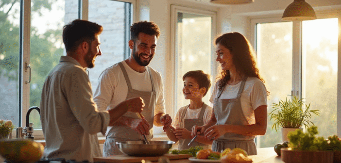Famille multiculturelle cuisine moderne en famille