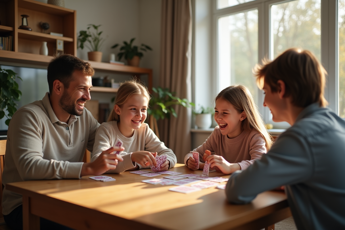 Famille souriante jouant aux cartes dans le salon lumineux