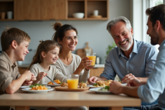 Famille recomposée partageant un repas convivial dans une cuisine moderne