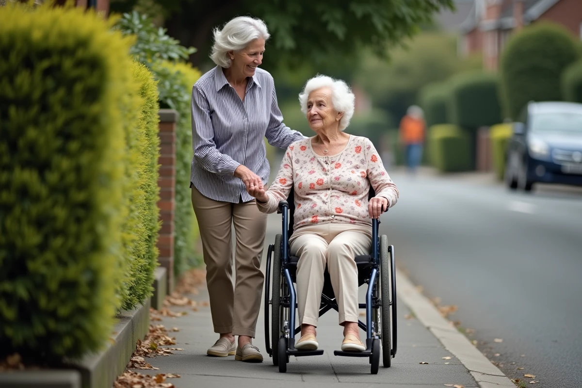 Femme âgée en fauteuil roulant de location accompagnée de sa fille lors d'une promenade en extérieur