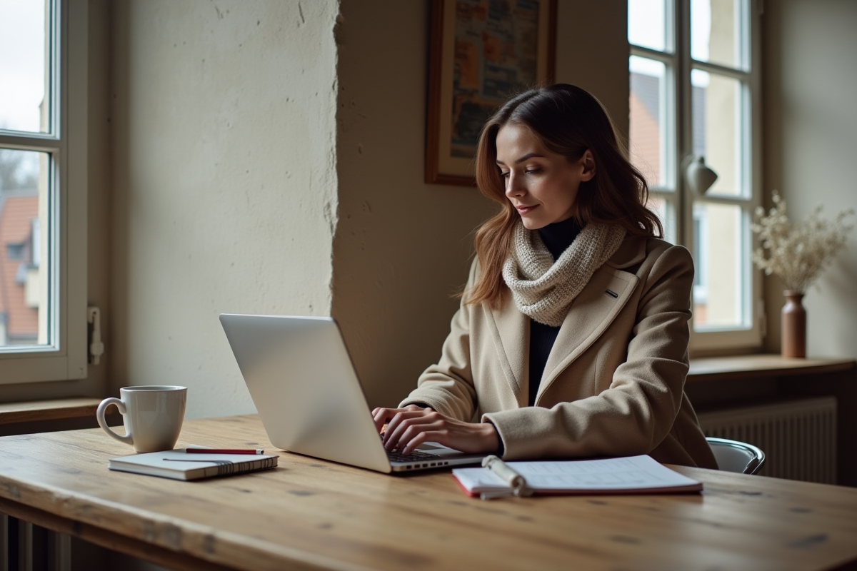 Jeune femme comparant prix immobiliers sur son ordinateur portable