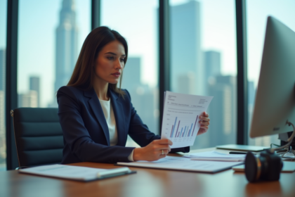 Femme d'affaires en costume bleu lisant un rapport financier