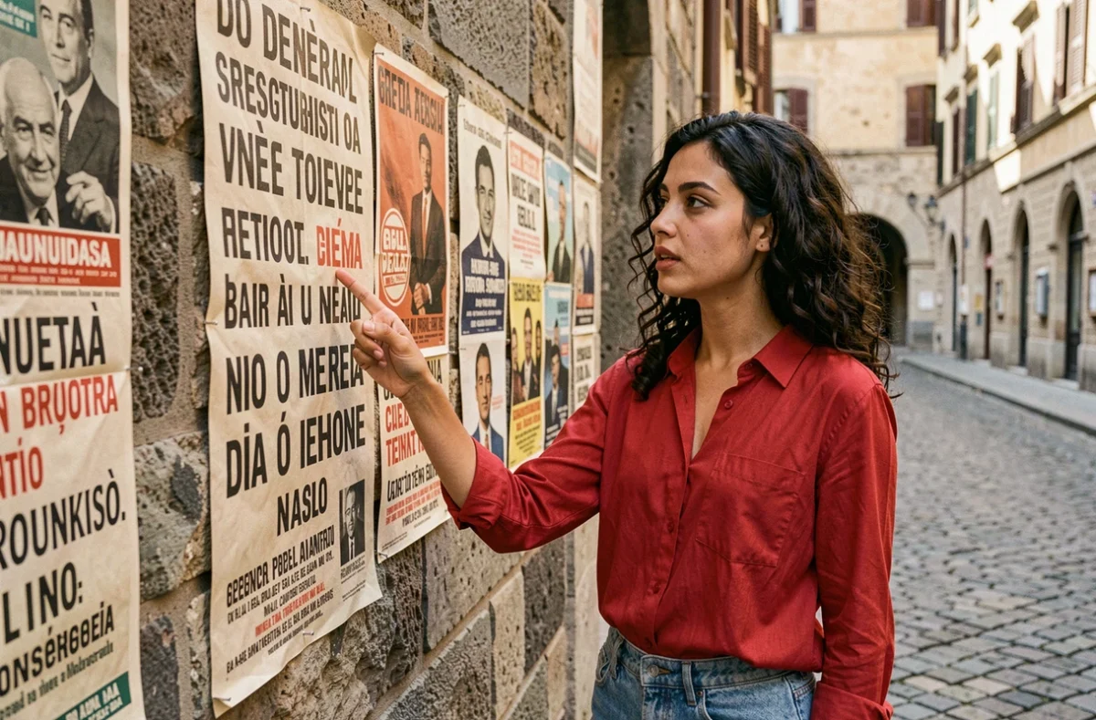 Jeune femme lisant une affiche italienne ancienne liée à Bella Ciao dans une ruelle historique européenne