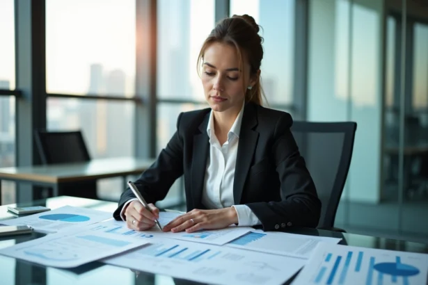 Femme d'affaires analysant des graphiques d'inflation dans un bureau