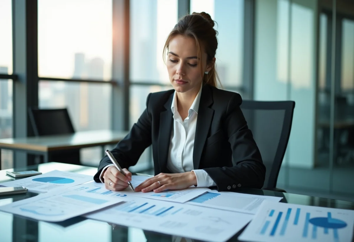 Femme d'affaires analysant des graphiques d'inflation dans un bureau