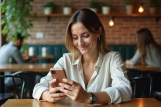 Femme utilisant une application de rencontre sur smartphone dans un café moderne