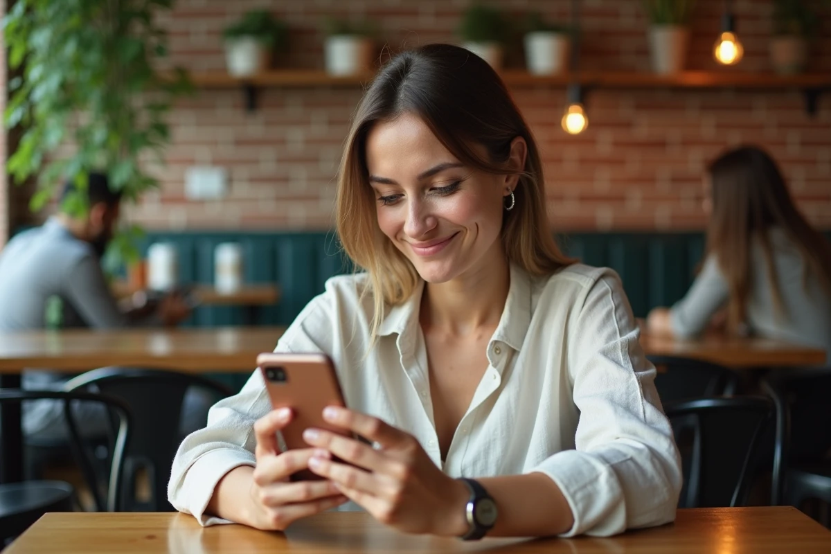 Femme utilisant une application de rencontre sur smartphone dans un café moderne