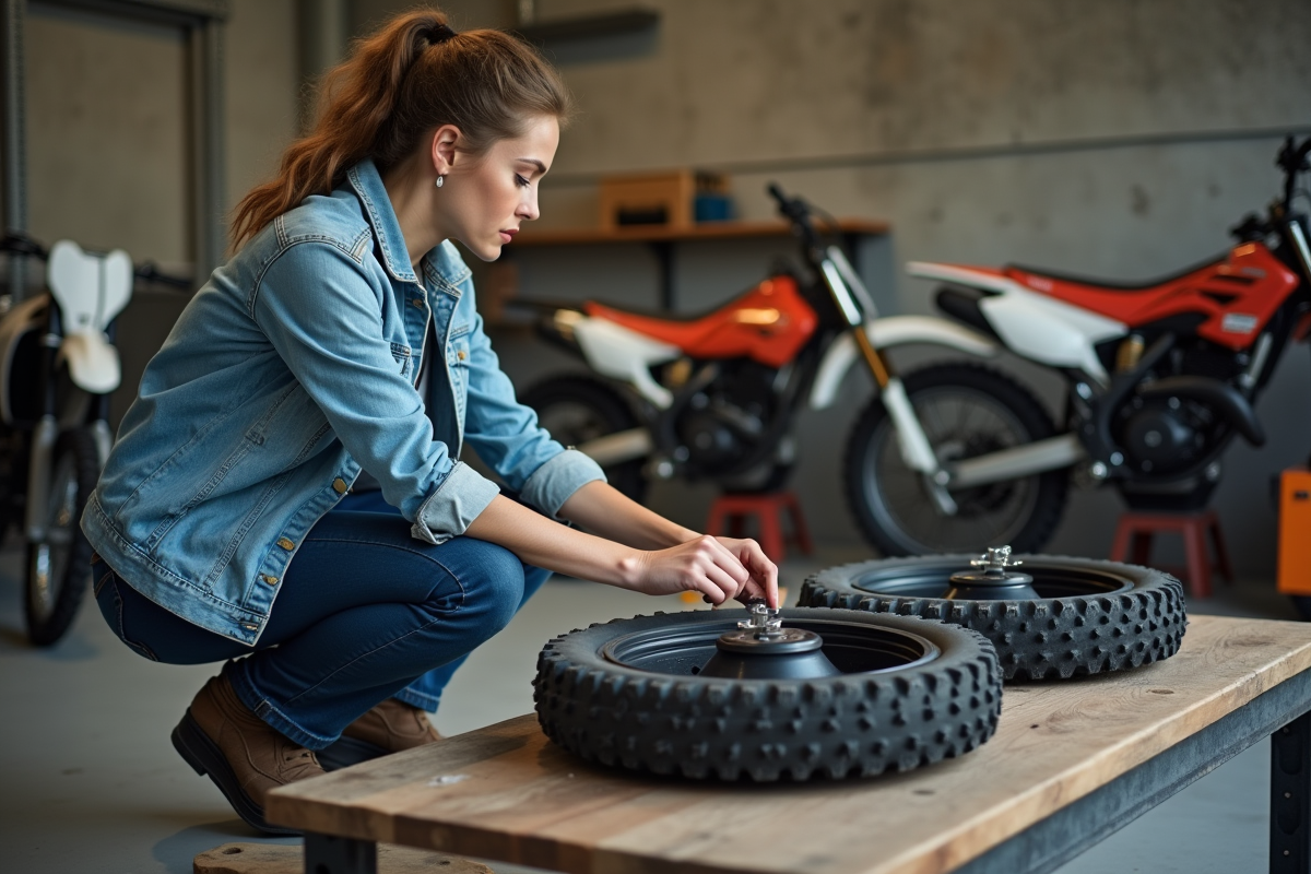 Femme dans un atelier compare deux roues de dirt bike sur un plan de travail