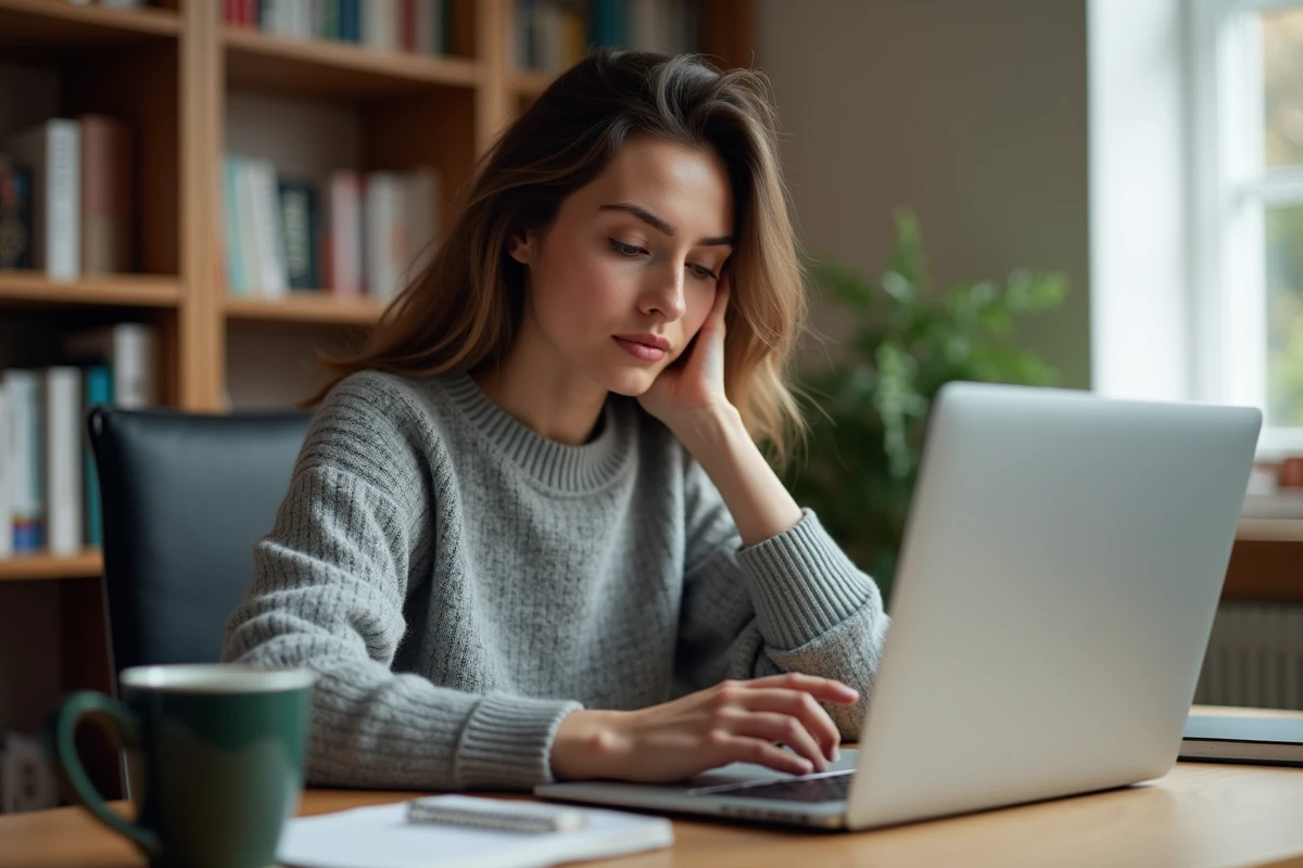 Femme consultant des avis d'utilisateurs sur un site internet depuis son bureau à domicile