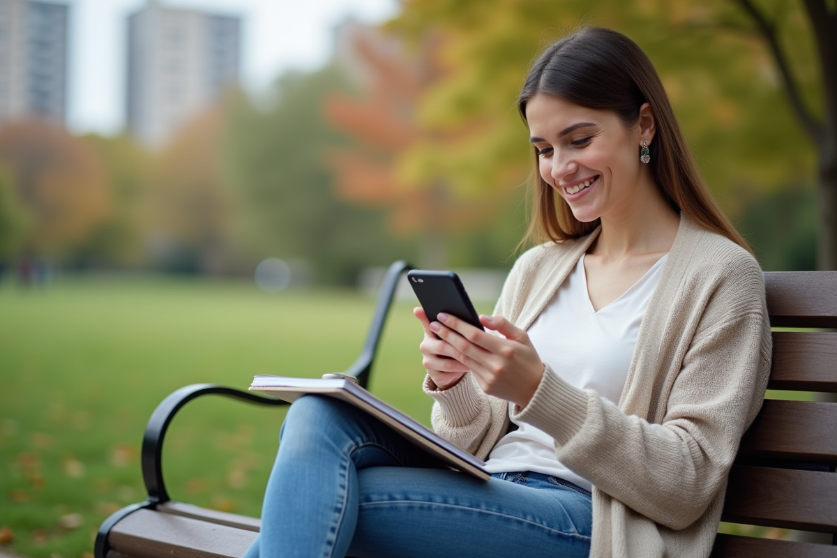 Jeune femme utilisant une application bancaire en plein air au parc