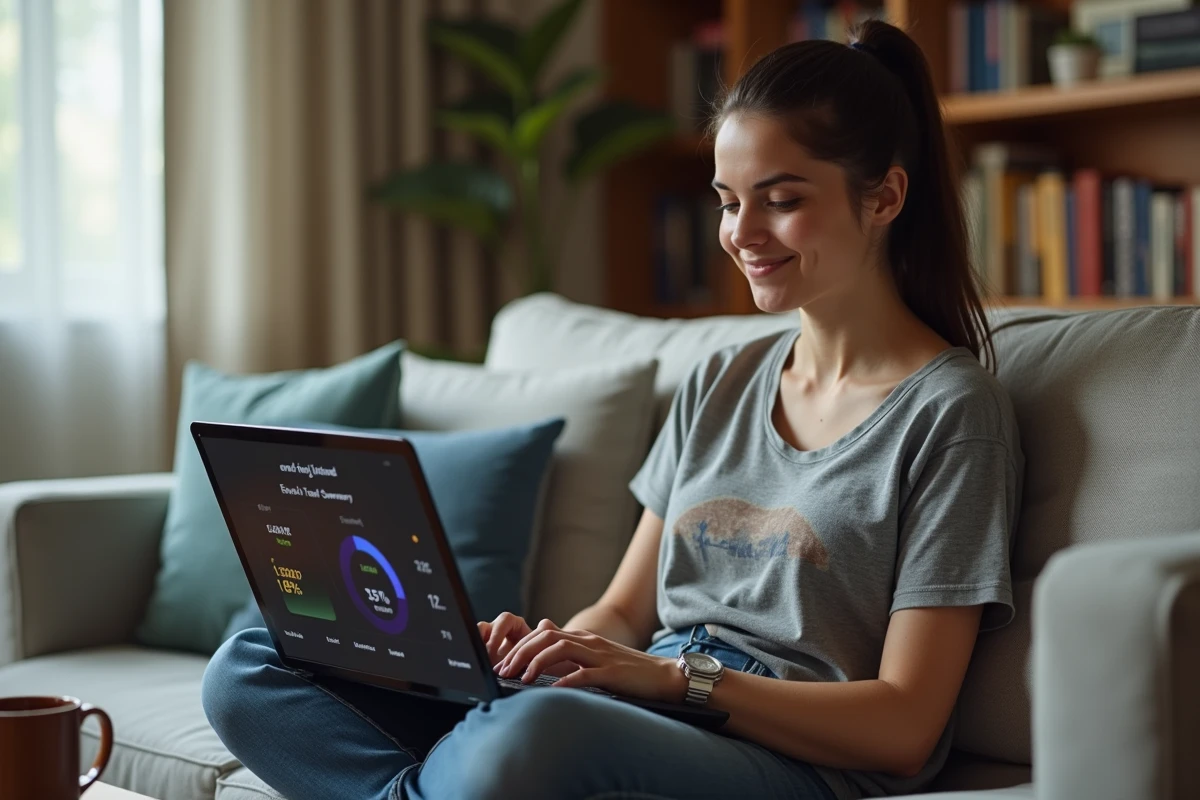 Femme découvrant le nombre d'heures passées sur League of Legends en consultant son bilan annuel sur un laptop