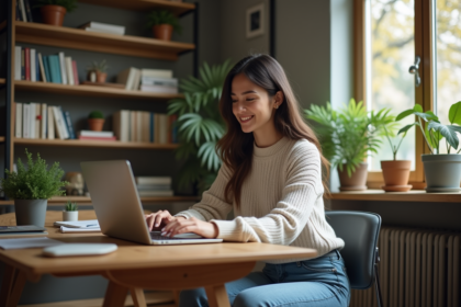 Femme souriante travaillant sur son ordinateur dans un bureau cosy