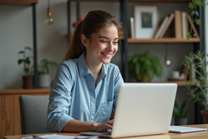 Jeune femme au bureau à domicile avec ordinateur et plantes