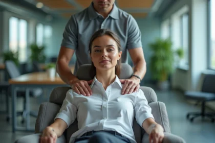 Femme d'affaires recevant un massage dans un bureau moderne