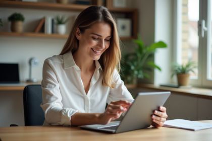 Jeune femme professionnelle utilisant une tablette dans un bureau moderne