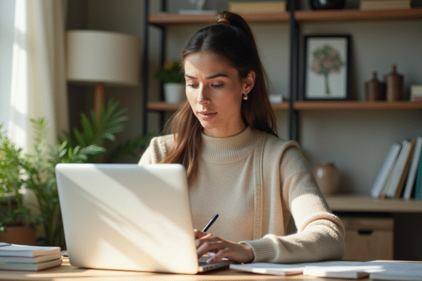 Femme concentrée travaillant à son bureau à domicile