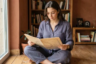 Femme contemplative étudiant une carte des étoiles vintage pour découvrir son signe astrologique du 12 juillet, le Cancer