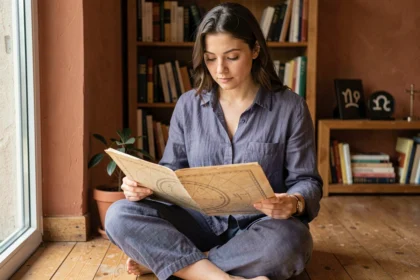 Femme contemplative étudiant une carte des étoiles vintage pour découvrir son signe astrologique du 12 juillet, le Cancer