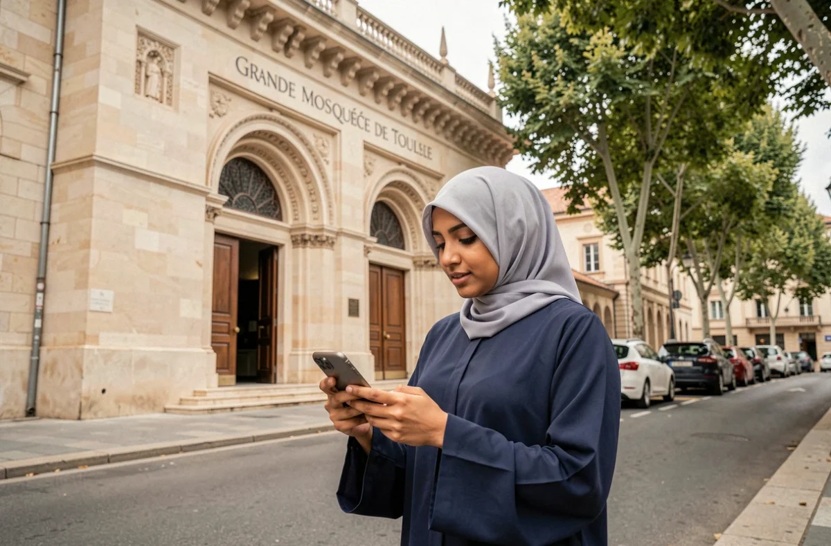 Femme comparant des applications d'horaires de prière devant la Grande Mosquée de Toulouse