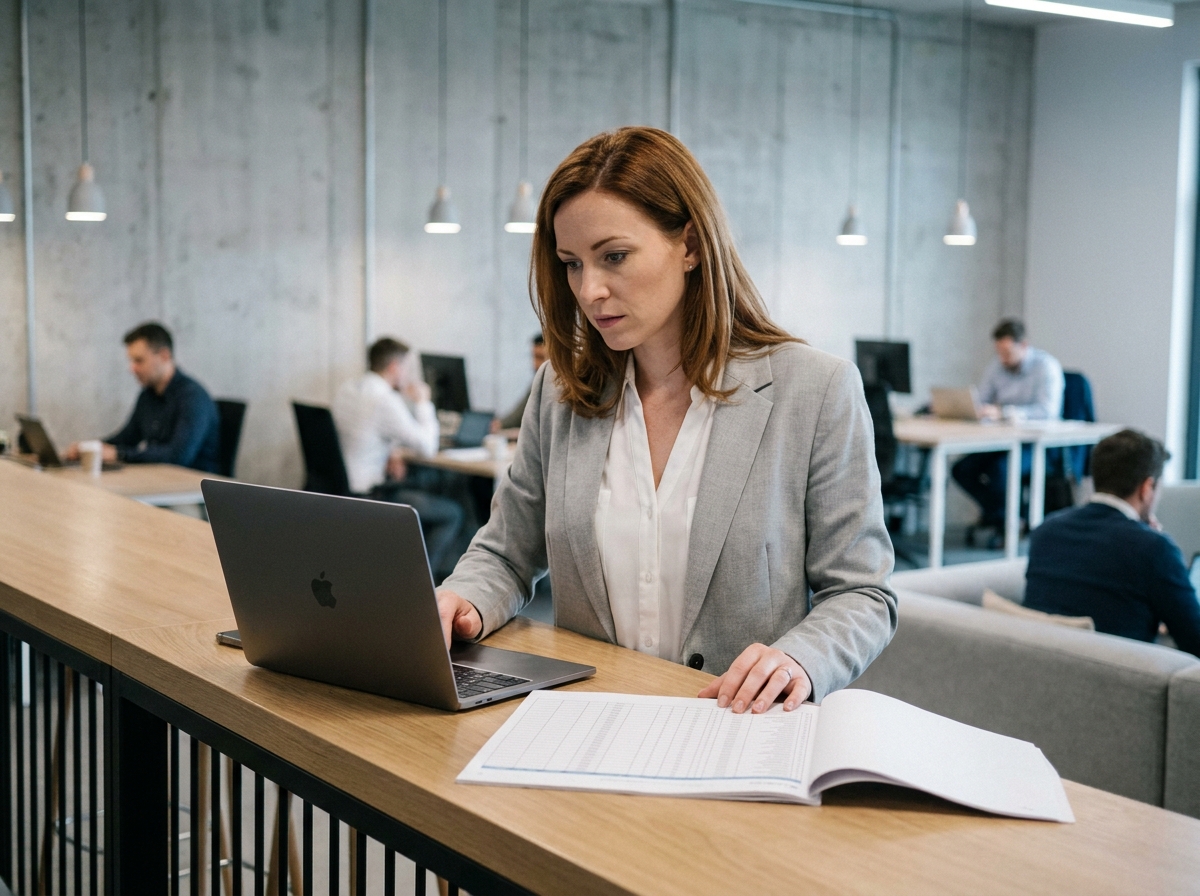 Femme en blazer comparant un MacBook Pro à des documents imprimés dans un espace de coworking moderne