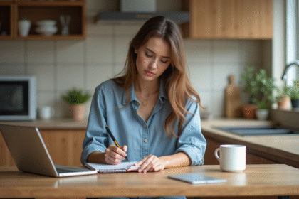 Jeune femme en cuisine prenant des notes dans un carnet