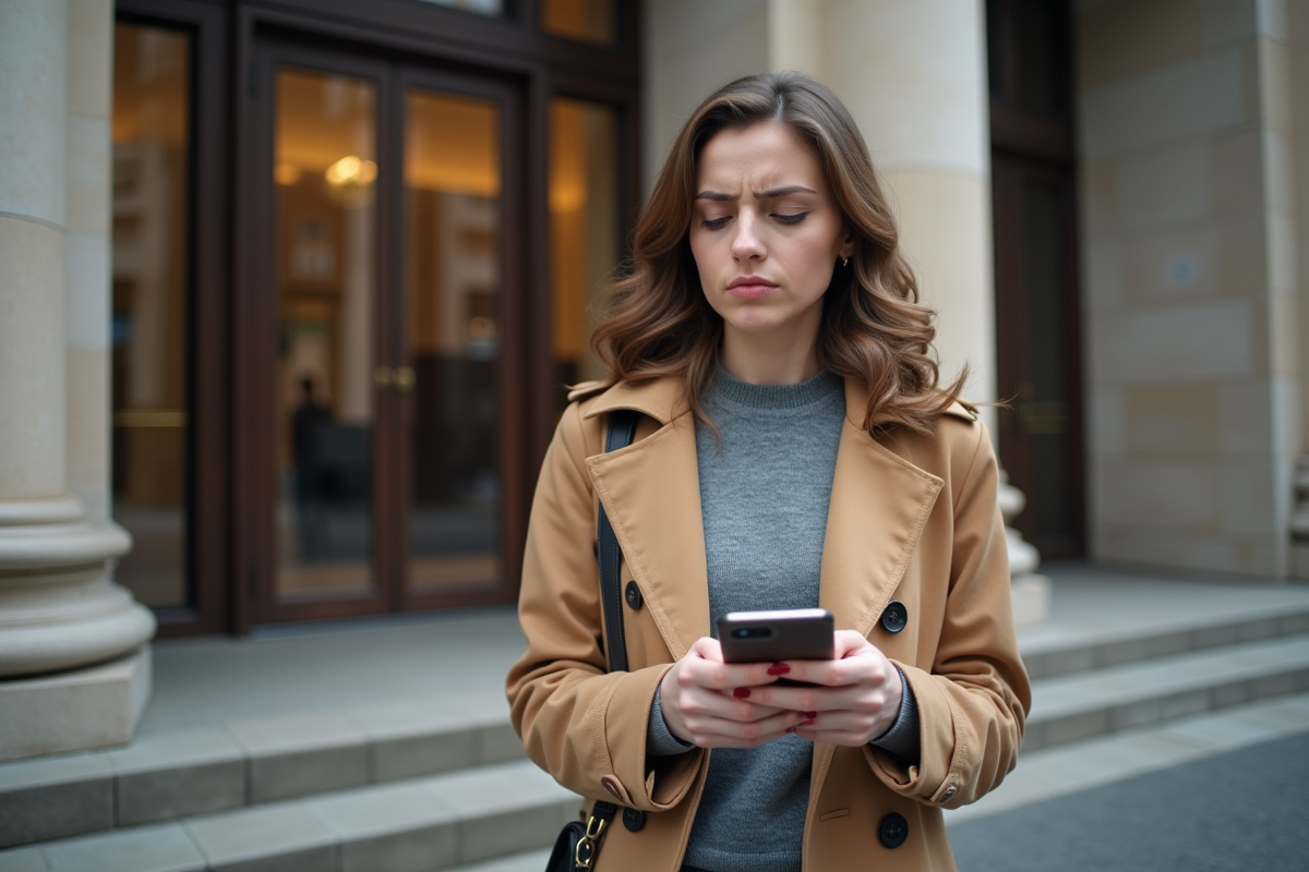 Femme regardant la banque avec son smartphone