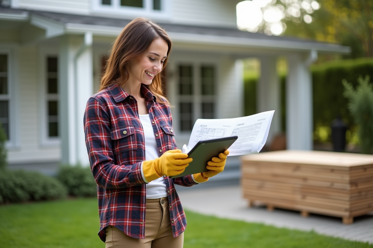 Jeune femme vérifiant des plans de rénovation énergétique devant sa maison