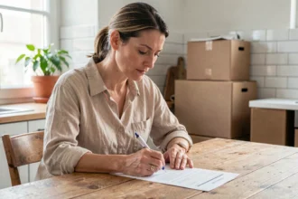 Femme remplissant un formulaire de changement d'adresse La Poste dans une cuisine avec des cartons de déménagement en arrière-plan