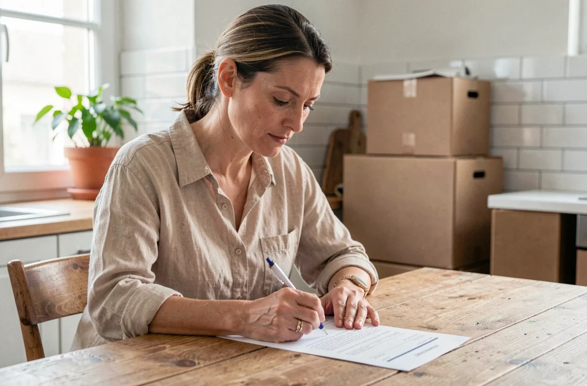 Femme remplissant un formulaire de changement d'adresse La Poste dans une cuisine avec des cartons de déménagement en arrière-plan