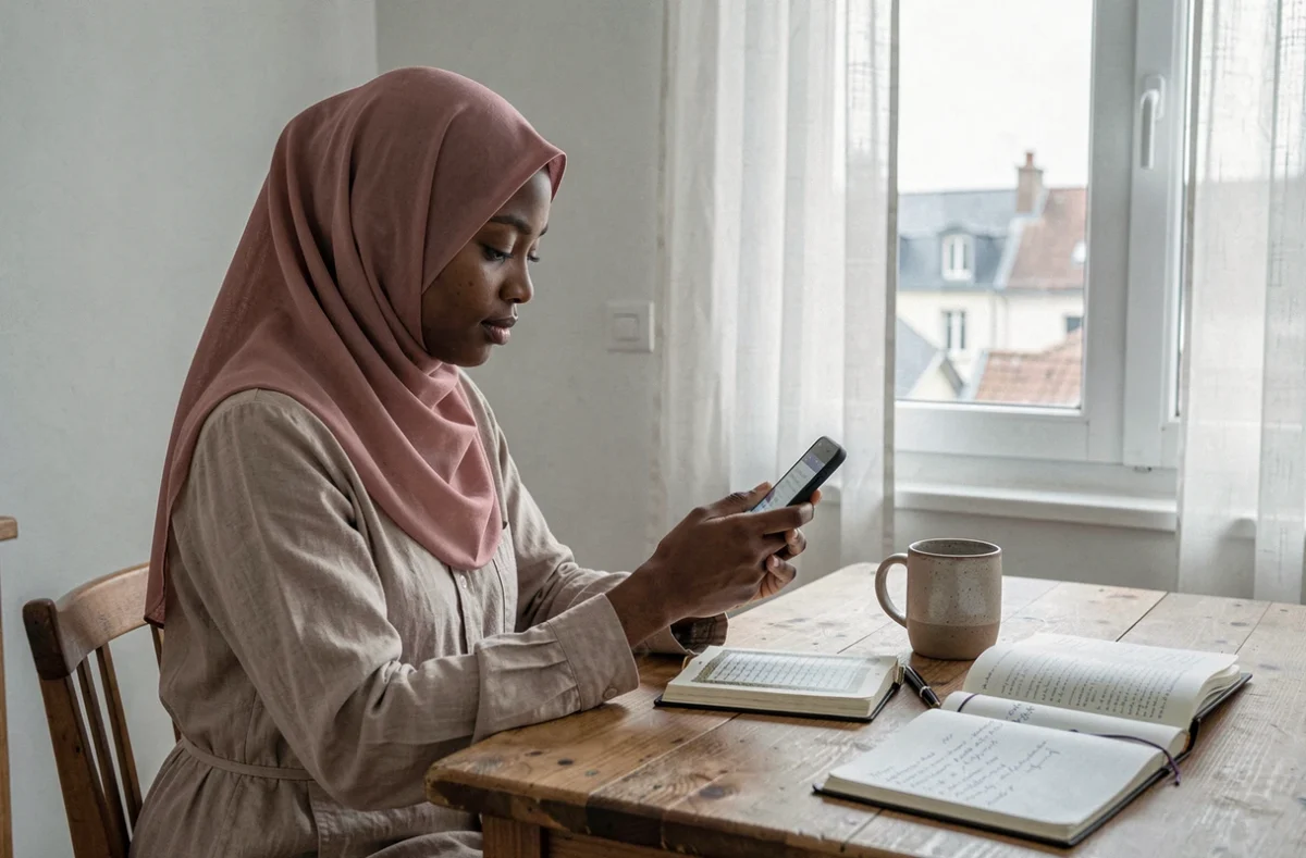 Jeune femme musulmane consultant les horaires de prière sur son smartphone depuis son appartement à Rennes