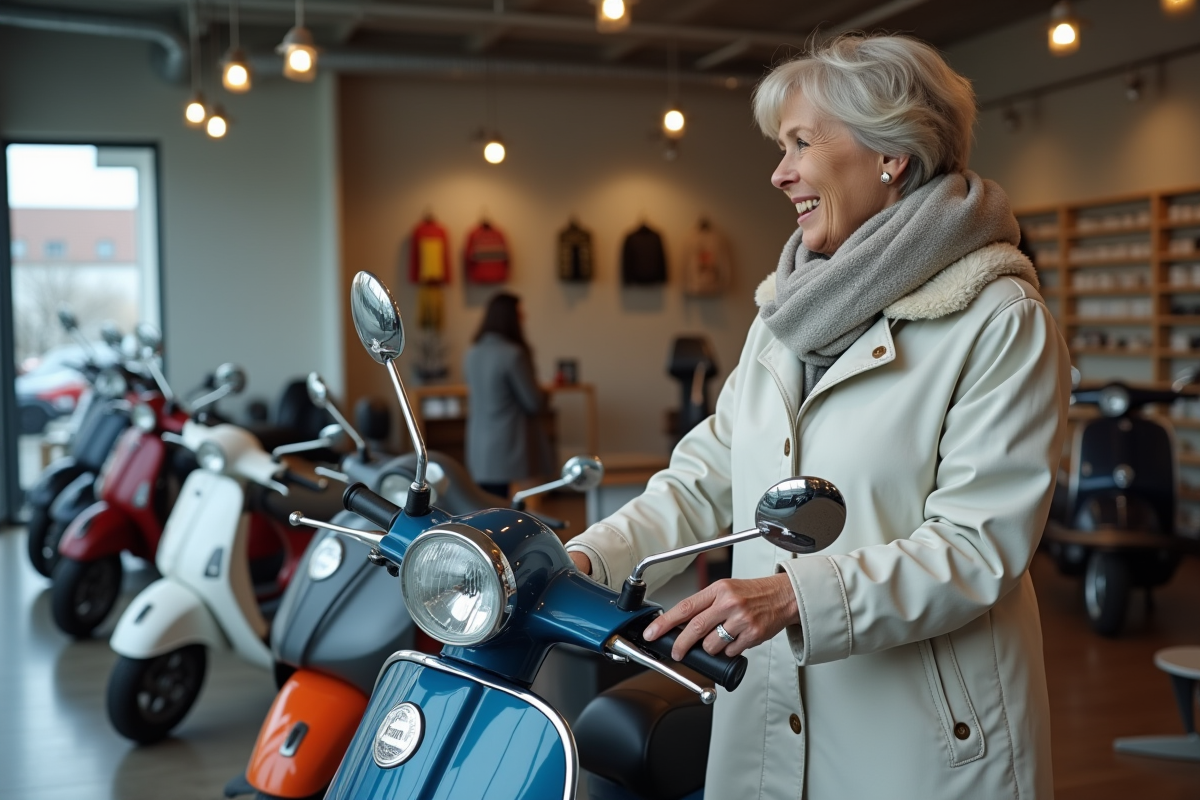 Femme examine un moped Dax dans un showroom intérieur