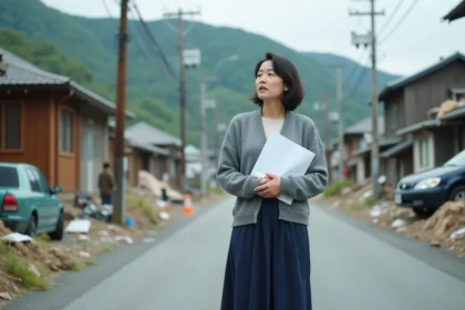 Femme japonaise inquiète avec documents à Tohoku