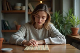 Femme concentrée jouant au Scrabble à la maison