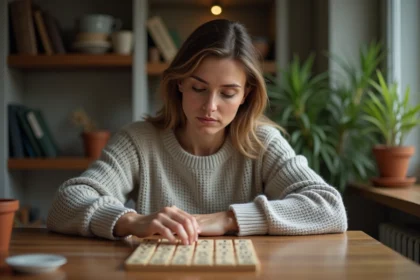 Femme concentrée jouant au Scrabble à la maison
