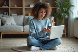 Jeune femme assise avec ordinateur et smartphone dans un salon