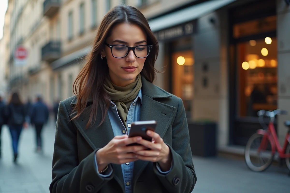 Femme lisant son téléphone dans un café urbain