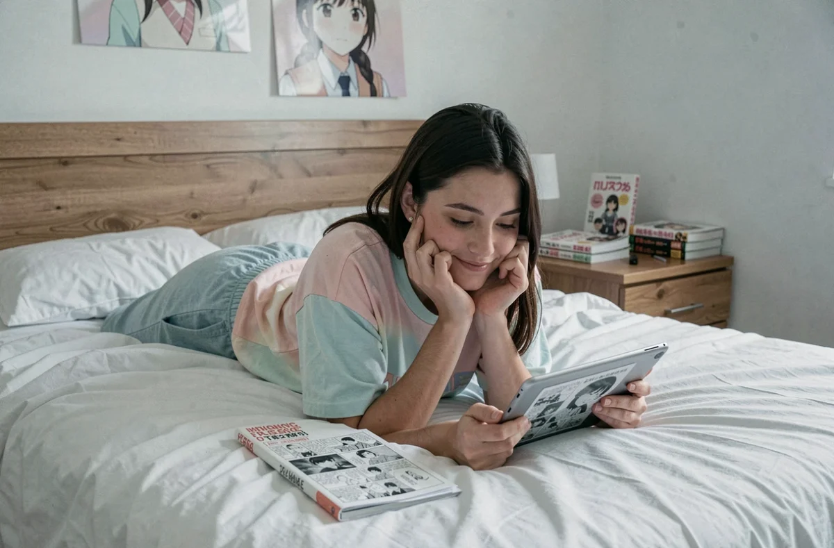 Jeune femme lisant un scan de manga en français sur une tablette allongée sur son lit