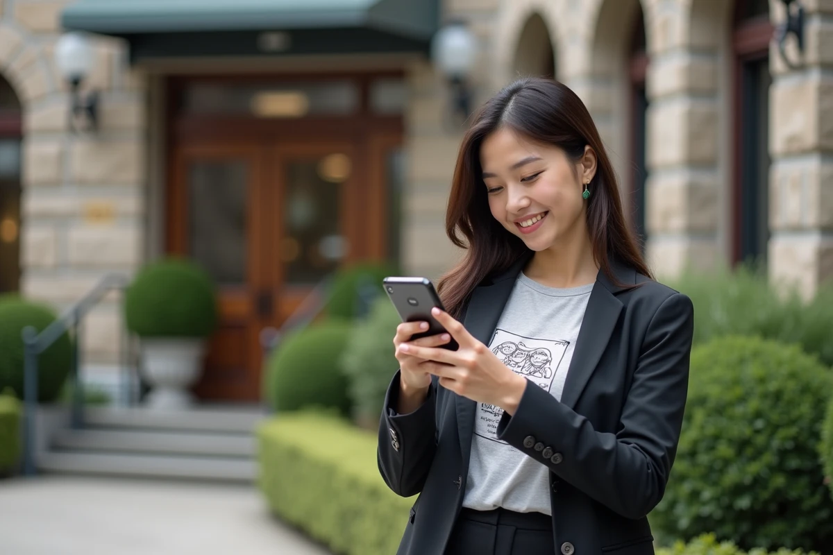 Femme avec smartphone lisant manga devant bibliothèque urbaine