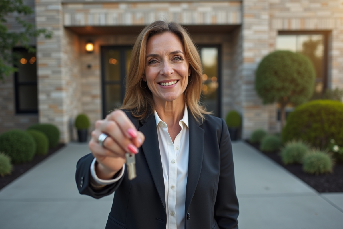 Femme confiante tenant des clés devant une maison neuve