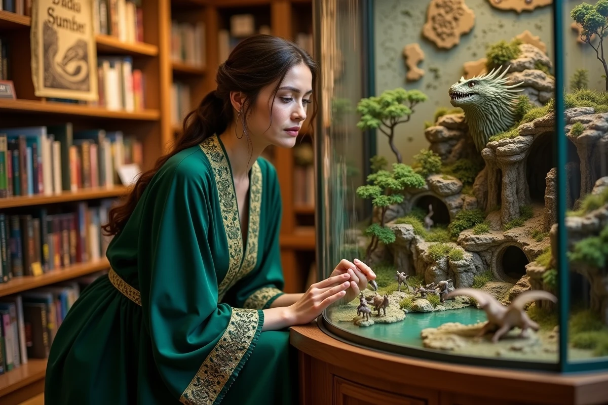 Femme admirant une maquette de repaire de dragon dans une librairie spécialisée en fantasy avec décoration Harry Potter