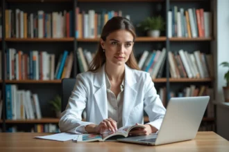 Médecin en blouse blanche lisant un manga coloré dans un bureau