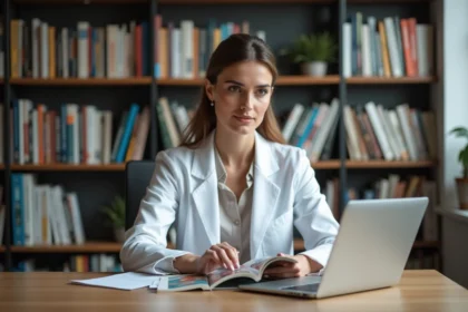 Médecin en blouse blanche lisant un manga coloré dans un bureau