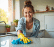 Femme de ménage souriante nettoyant un plan de cuisine lumineux