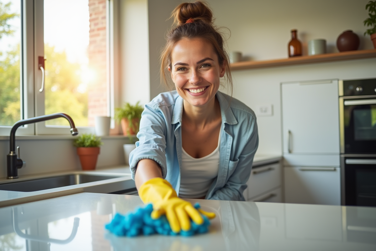 Femme de ménage souriante nettoyant un plan de cuisine lumineux